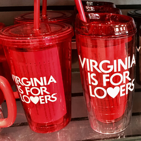 Red water tumblers that say Virginia is for lovers